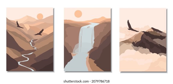 Abstract contemporary aesthetic backgrounds landscapes set with mountains, river, eagles, waterfall, clouds. Natural calm colors. Vector illustration.