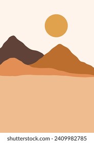 Abstract contemporary aesthetic backgrounds landscapes set with sunrise, sunset, night. Boho wall decor. Mid century modern minimalist art print. Flat design. Abstract mountain landscape background