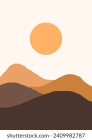 Resumen de los paisajes estéticos contemporáneos con amanecer, puesta de sol, noche. La decoración de las paredes de Boho. Impresión moderna de arte minimalista de mediados de siglo. Diseño plano. Resumen del paisaje montañoso