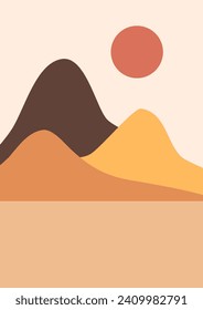 Abstract contemporary aesthetic backgrounds landscapes set with sunrise, sunset, night. Boho wall decor. Mid century modern minimalist art print. Flat design. Abstract mountain landscape background