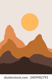 Abstract contemporary aesthetic backgrounds landscapes set with sunrise, sunset, night. Boho wall decor. Mid century modern minimalist art print. Flat design. Abstract mountain landscape background