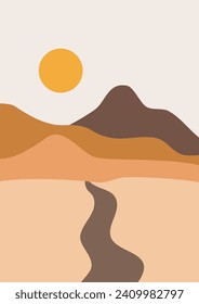 Abstract contemporary aesthetic backgrounds landscapes set with sunrise, sunset, night. Boho wall decor. Mid century modern minimalist art print. Flat design. Abstract mountain landscape background