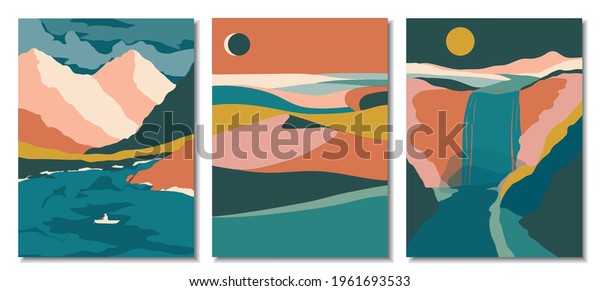 Abstract\
contemporary aesthetic backgrounds landscapes set with desert, sand\
dunes, mountains, lake, hills, moon, waterfall, rocks, river, sun,\
africa. Flat abstract design. vector\
background.