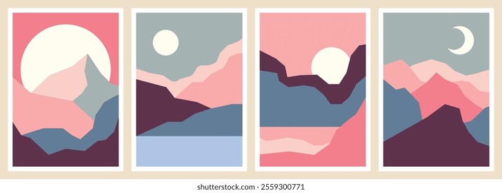 Abstract contemporary aesthetic backgrounds with mountains, desert, sand dunes and sun. Boho landscape set.