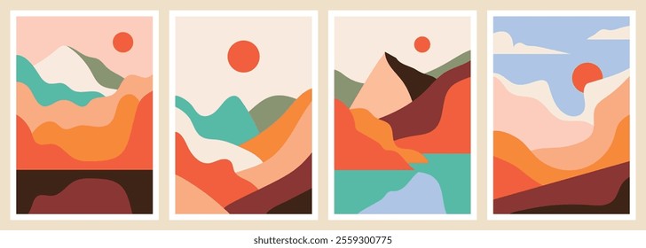 Abstract contemporary aesthetic backgrounds with mountains, desert, sand dunes and sun. Boho landscape set.