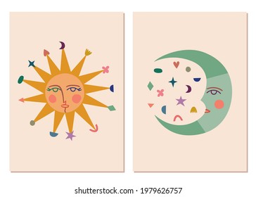 Abstract contemporary aesthetic  backgrounds set with Sun and Moon. Pastel colors. Magic symbols. Celestial Boho wall decor. Mid century modern minimalist art print. Flat abstract design.