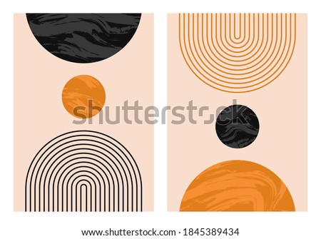 Abstract contemporary aesthetic backgrounds set with geometric balance shapes, rainbow and sun. Boho wall decor. Mid century modern minimalist art print. Organic shape.