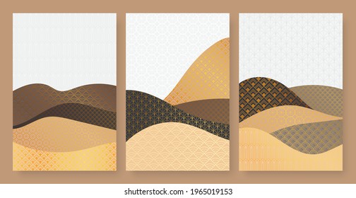 Abstract contemporary aesthetic desert fields nature landscape with geometric patterns vector illustration set. Trendy wall decoration, luxury art deco wallpaper design gold shapes