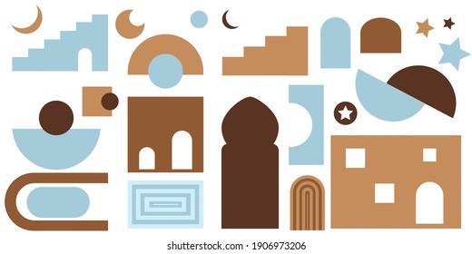 Abstract contemporary aesthetic elements with geometric shapes, archs, circles. Mid century modern minimalist art figures. Organic shape. Blue and sand colors, earth tone.