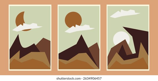 Abstract contemporary aesthetic landscape backgrounds with mountains, sun, moon, cloud sky and sea water design vector