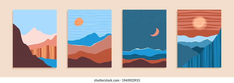 Abstract contemporary aesthetic landscape, bohemian modern background, minimalist wall decor for posters, banners, layouts. Vector illustration.