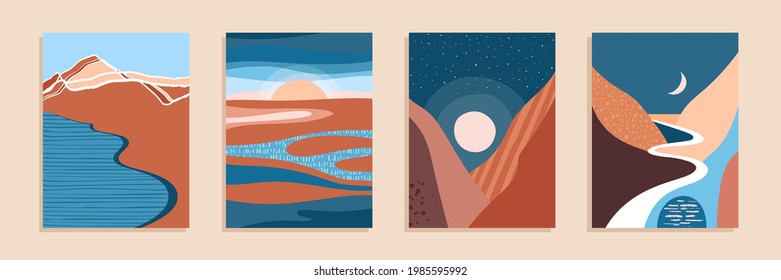 Abstract contemporary aesthetic landscape, bohemian modern background, minimalist wall decor for posters, banners, layouts. Vector illustration.