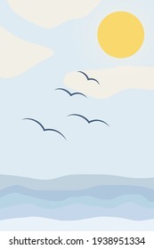 Abstract contemporary aesthetic landscape. The sun and the sea.. Minimalist nature print. Vector.