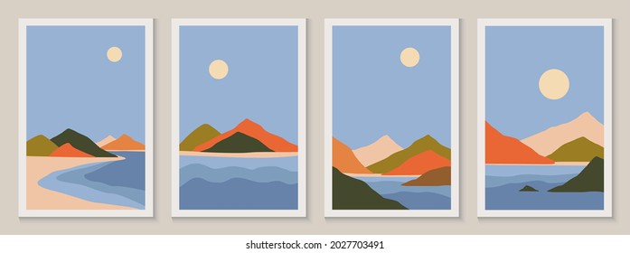 Abstract contemporary aesthetic landscapes set with Sun, Sea, moon, mountains. Collection of contemporary art print templates. Nature backgrounds for social media, poster.