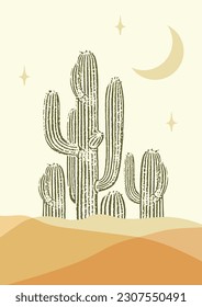 Abstract contemporary aesthetic night desert landscape with saguaro cactus.