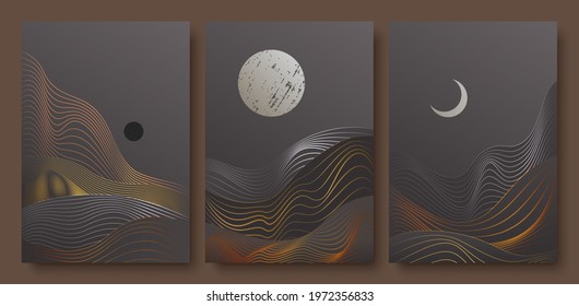 Abstract contemporary aesthetic night landscape with moon vector illustration set. Trendy wall decoration, luxury art deco wallpaper design with moon cycle, gold silver wavy line and curve wave shape