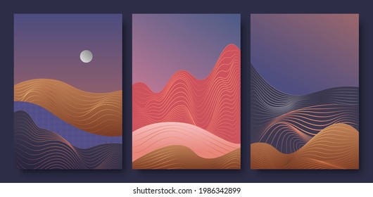 Abstract contemporary aesthetic night landscape with moon vector illustration set. Trendy wall decoration, luxury art deco wallpaper design with moon cycle, gold wavy line and curve wave shape