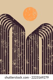 Abstract contemporary aesthetic poster A4 with geometric shapes, two arcs with moon. Boho wall decor. Mid century modern minimalist art print. Organic shape.Vector illustration