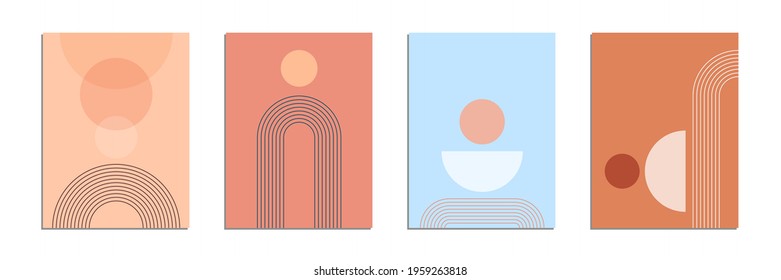 Abstract contemporary aesthetic poster design set with geometric shapes and lines like sun and rainbow. Mid-century modern wall decor. Trendy minimalist print. Vector illustration. 