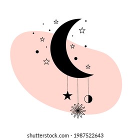 Abstract contemporary aesthetic poster. Magic celestial talisman with sun, moon, stars. Spiritual occultism object. Vector illustrations in black outline style.