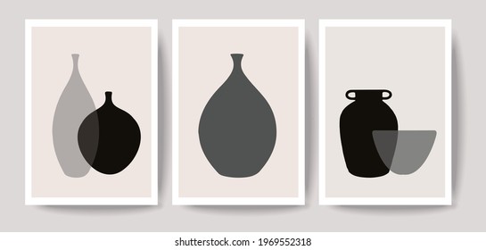 Abstract contemporary aesthetic set with glass vases. Boho terracotta colors.  Mid century modern minimalist art print. 
Vector illustration design