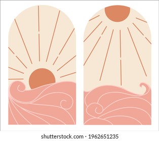 Abstract contemporary aesthetic Set of Mid Century landscapes with Sunset,Sunrise and Waves in earth tone. Boho wall decor. Flat minimalist design.