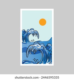Abstract contemporary aesthetic sun and ocean waves illustration