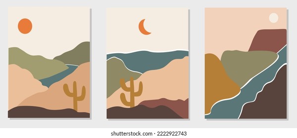 Abstract contemporary aesthetic vector set of landscape background with mountains, river, sunrise, sunset, half moon and cactus. Boho wall decor in a flat style. Mid century modern minimalist design.