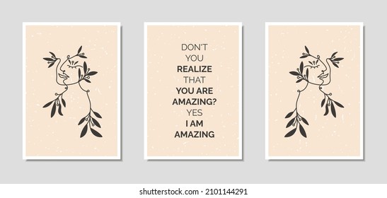 Abstract contemporary aesthetic wall art poster with woman face line art and self love quote in boho style and mid century modern. Home decoration, cover art template, and poster template. Art print.