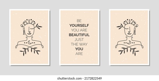 Abstract Contemporary Aesthetic Wall Art Poster Of Beautiful Girl Face Line Art With Self Love Quote In Boho Style. Home Decoration, Cover Art Template, And Poster Template. Art Print.