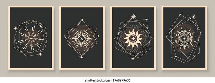 Abstract contemporary art with celestial geometry shapes. Esoteric mystical celestial stars sacred wall art. Wall decor painting. Minimalistic background design. Vector illustration.