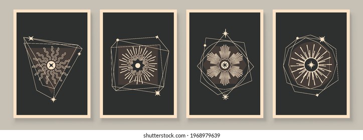 Abstract contemporary art with celestial geometry shapes. Esoteric mystical celestial stars sacred wall art. Wall decor painting. Minimalistic background design. Vector illustration.