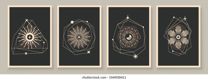 Abstract contemporary art with celestial geometry shapes. Esoteric mystical celestial stars sacred wall art. Wall decor painting. Minimalistic background design. Vector illustration.