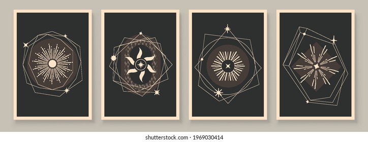 Abstract contemporary art with celestial geometry shapes. Esoteric mystical celestial stars sacred wall art. Wall decor painting. Minimalistic background design. Vector illustration.