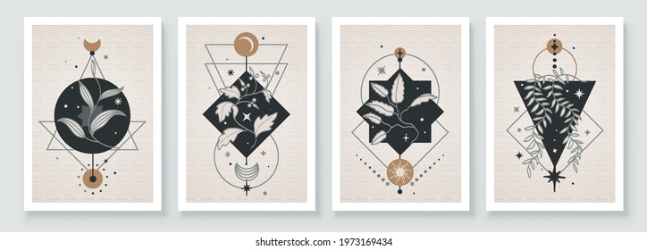 Abstract contemporary art with celestial geometry shapes. Esoteric mystical celestial botanical sacred wall art. Wall decor painting. Minimalistic background design. Vector illustration.
