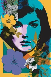 Abstract Contemporary Art Collage Portrait Of Young Woman With Flowers And Geometric Elements, Paintings For Interior. Women's Faces With Flowers. For Social Media Posts, Cover, Banner, Canvas.