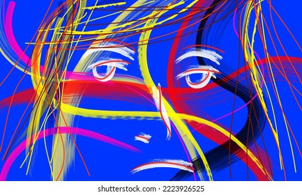 Portrait abstrait de collage d'art contemporain d'une femme triste peinte d'une brosse blanche. Sensations mentales en arrière-plan.