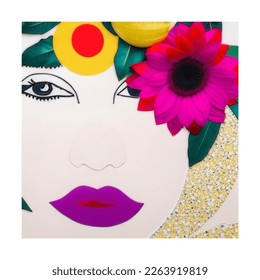 Abstract contemporary art collage portrait of young woman with flowers on face hides her eyes