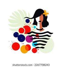 Abstract contemporary art collage portrait of a woman and spring flower, geometric shapes in a modern trendy style. Vector female Portrait. Beauty Concept