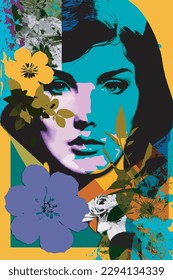 Abstract contemporary art collage portrait of young woman with flowers and geometric elements, Paintings for interior. Women's faces with flowers. for social media posts, cover, banner, canvas.