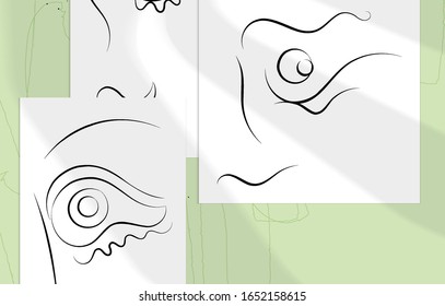 Abstract contemporary art, continuous line face,  simple minimalism beauty logo. Modern artwork mock up with shadow overlay. Vector sketch hand drawn background. Natural colors organic shapes.