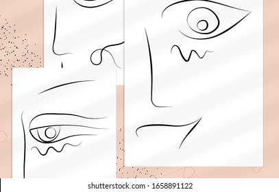 Abstract contemporary art, continuous line face,  simple minimalism beauty logo. Modern artwork mock up with shadow overlay. Vector sketch hand drawn background. Natural colors organic shapes.