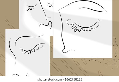 Abstract contemporary art, continuous line face,  simple minimalism beauty logo. Modern artwork mock up with shadow overlay. Vector sketch hand drawn background. Natural colors organic shapes.
