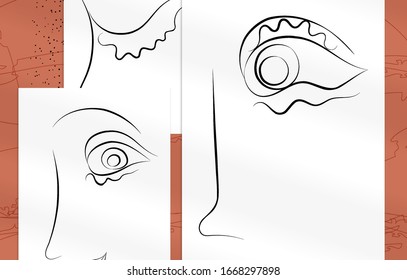 Abstract contemporary art, continuous line face,  simple minimalism beauty logo. Modern artwork mock up with shadow overlay. Vector sketch hand drawn background. Natural colors organic shapes.