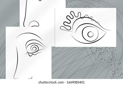 Abstract contemporary art, continuous line face,  simple minimalism beauty logo. Modern artwork mock up with shadow overlay. Vector sketch hand drawn background. Natural colors organic shapes.