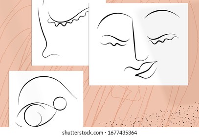 Arte contemporáneo abstracto, cara de línea continua, simple logo de belleza minimalista. Las obras de arte modernas se burlan de la sombra. Borde dibujado a mano. Colores naturales formas orgánicas.