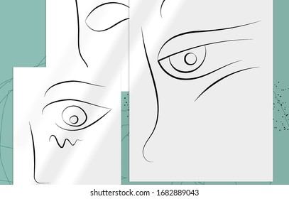 Abstract contemporary art, continuous line face,  simple minimalism beauty logo. Modern artwork mock up with shadow overlay. Vector sketch hand drawn background. Natural colors organic shapes.