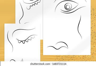 Abstract contemporary art, continuous line face,  simple minimalism beauty logo. Modern artwork mock up with shadow overlay. Vector sketch hand drawn background. Natural colors organic shapes.