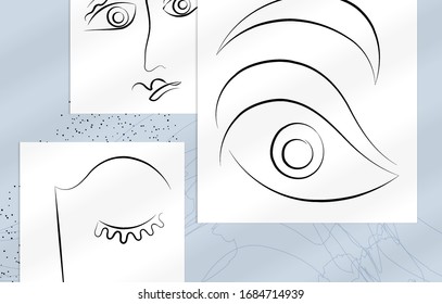 Abstract contemporary art, continuous line face,  simple minimalism beauty design. Modern artwork mock up. Vector sketch hand drawn background. Natural colors organic shapes.