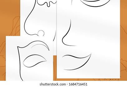 Abstract contemporary art, continuous line face,  simple minimalism beauty logo. Modern artwork mock up with shadow overlay. Vector sketch hand drawn background. Natural colors organic shapes.